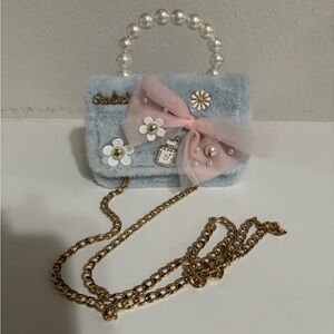 Plush Pearl-Handle Mini Crossbody Bag in Light Blue with Pink Bow